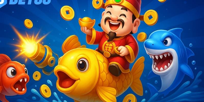 Bắn cá Thần Tài: bắn tiêu tốn xu, cá thưởng điểm, boss thưởng lớn, có thể nâng cấp súng